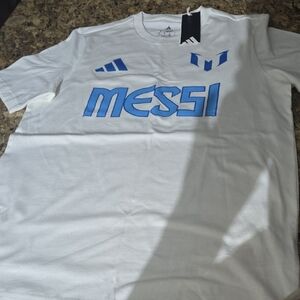 Adidas White Tee with Blue Messi Graphic